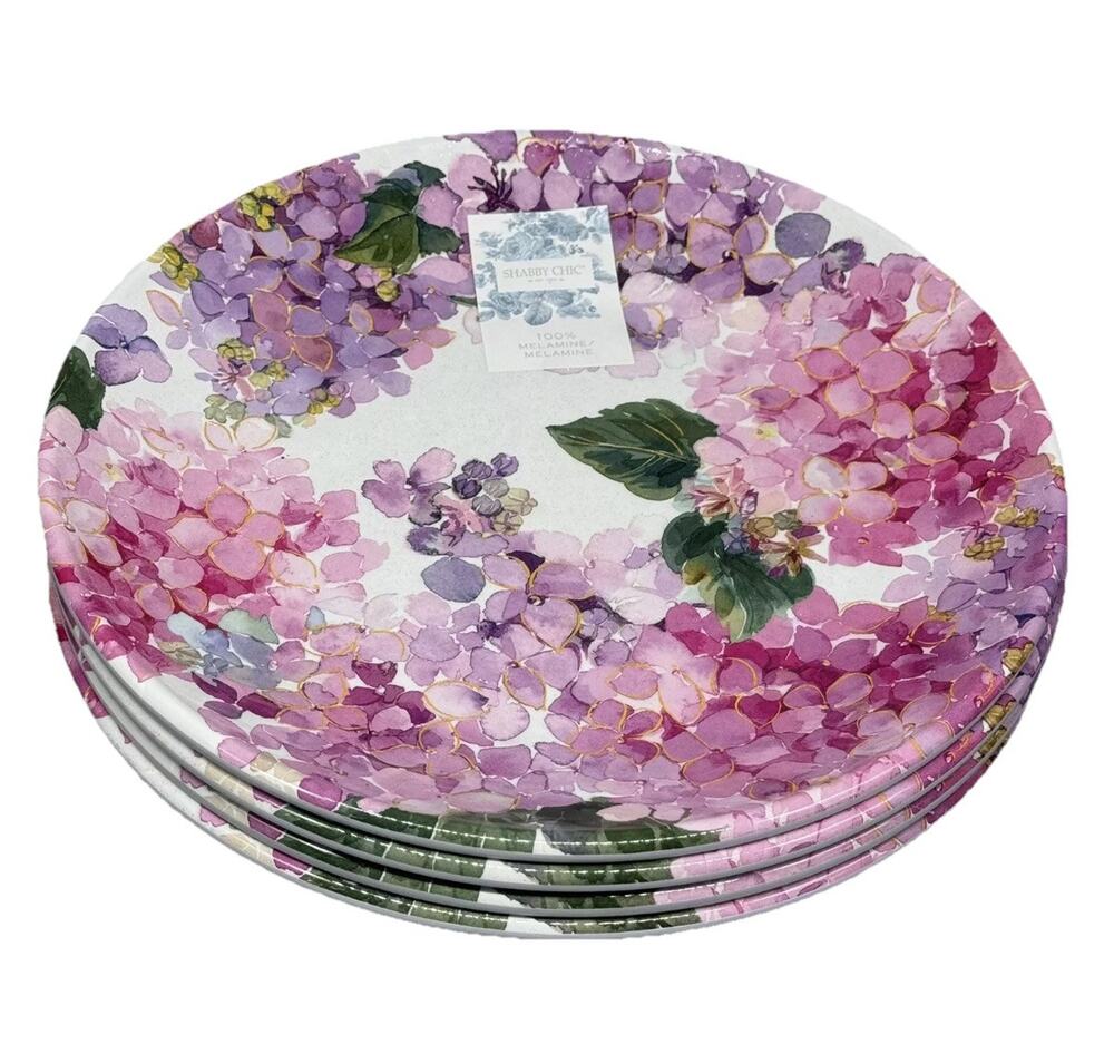 Set 4 Shabby Chic Pink Purple Hydrangea MELAMINE Dinner Plate Set Floral Summer